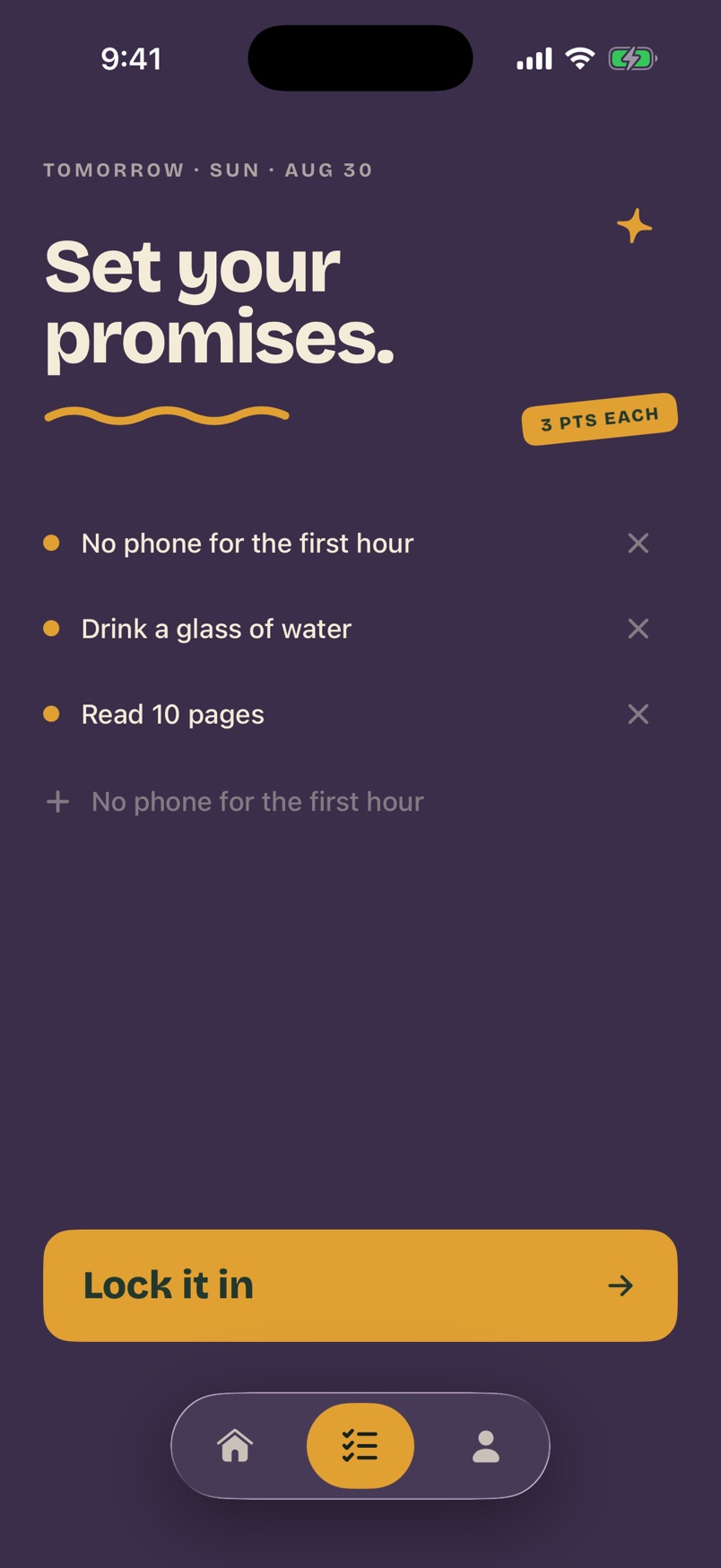 Set your promises screen